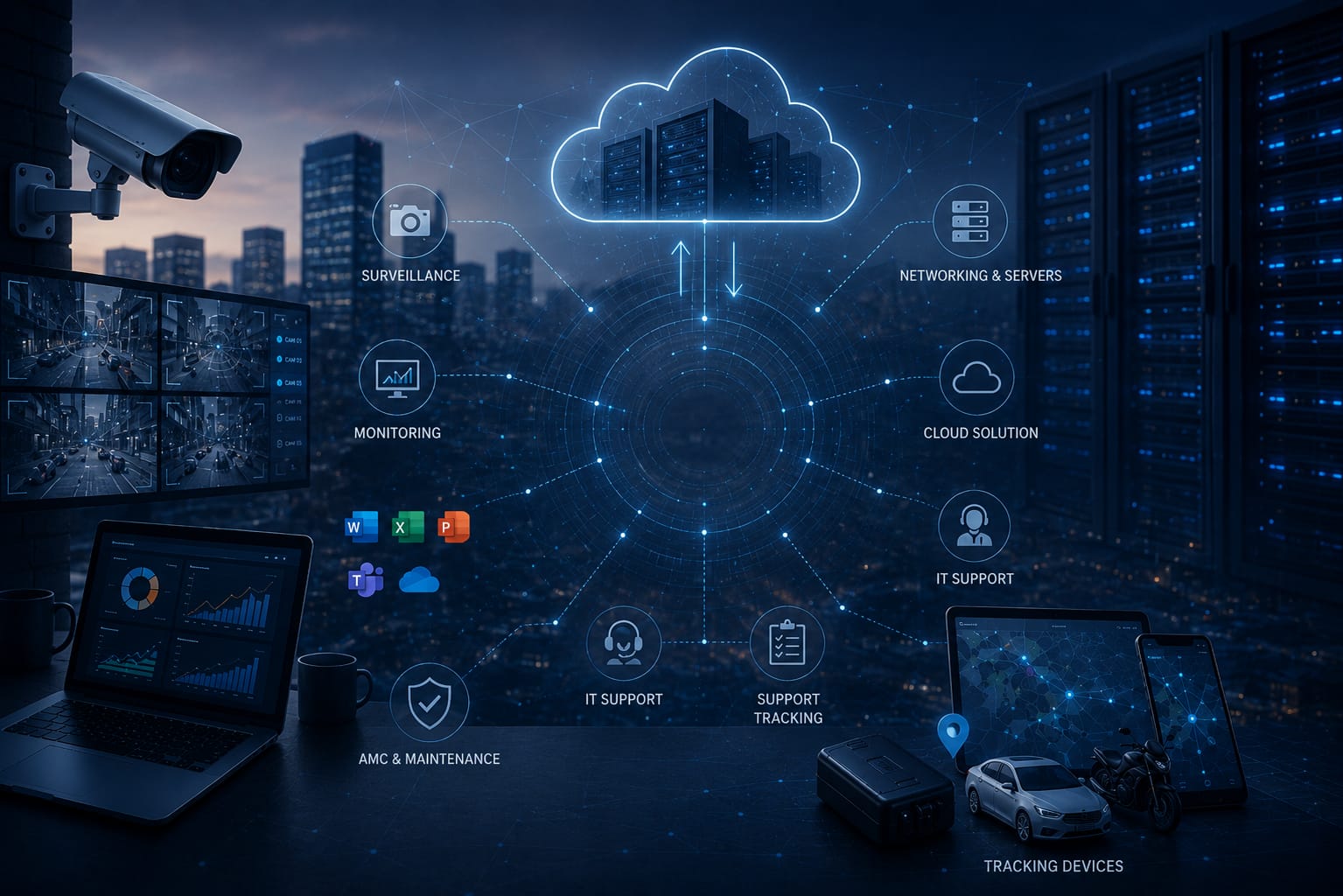 Modern technology infrastructure illustration representing CCTV, networking, cloud systems, tracking devices, IT support and integrated business solutions.